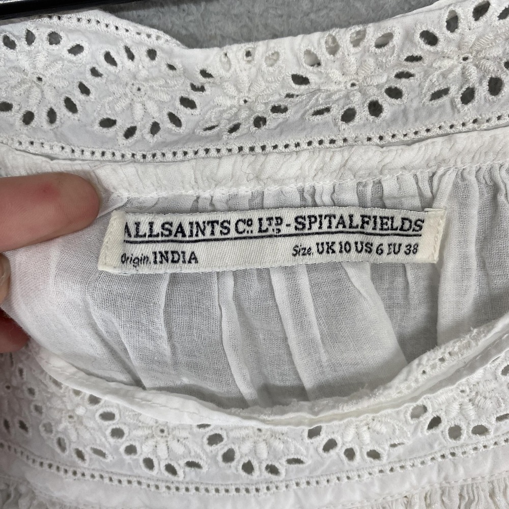 AllSaints Blessed Smock Dress Womens 6 White Swing Boho Peasant Embroidered - Picture 5 of 14